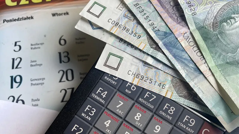 Banknoty złotowe rozłożone na kalkulatorze obok kalendarza, wyliczanie, ile wynosi zachowek