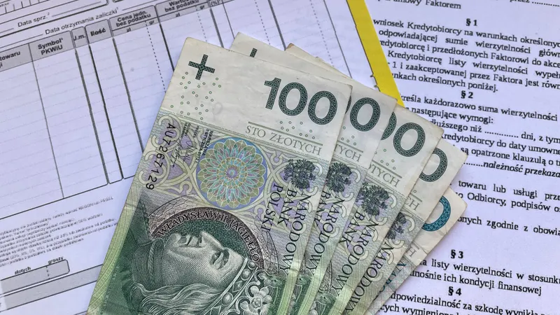 Banknoty złotowe leżące na dokumentach